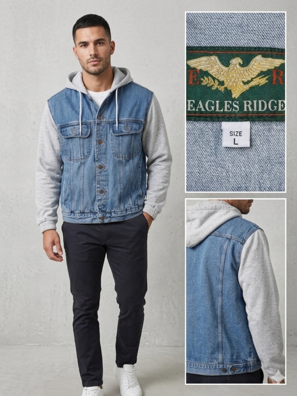 Light Blue Denim Bomber Jacket with Gray Hoodie